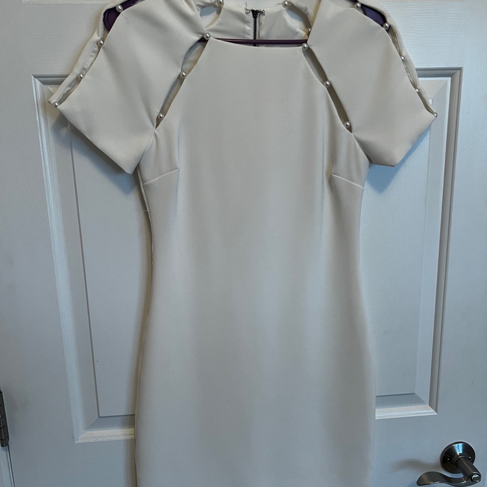 Storia Cream Mini Dress with Pearl Details